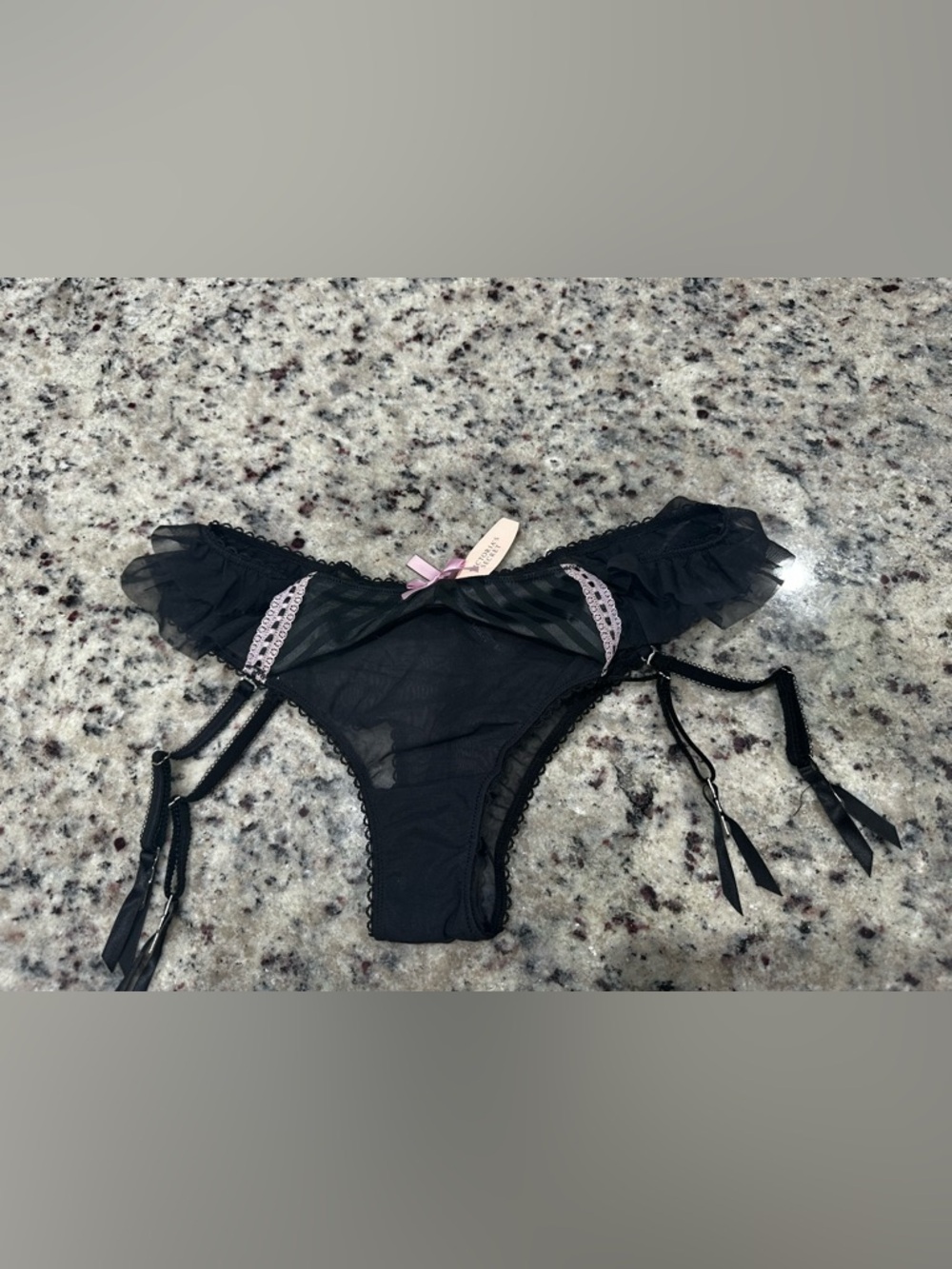 Vintage Victorias Secret Black Sheer Lace Garter Panty with Ruffle and Pink Bow